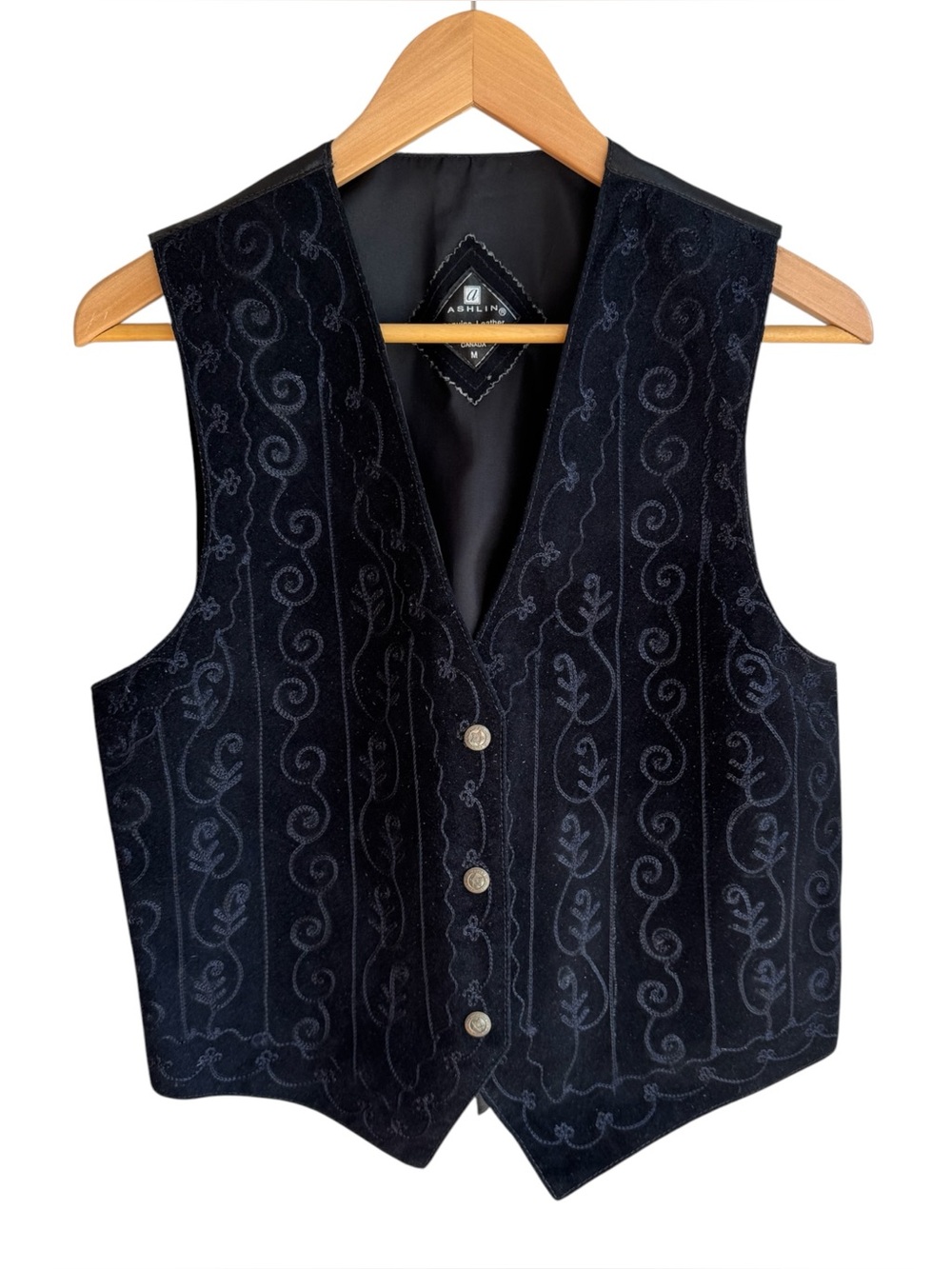Vtg 90s Ashlin Embroidered Suede Leather Vest Sz M Navy Western Rodeo Festival